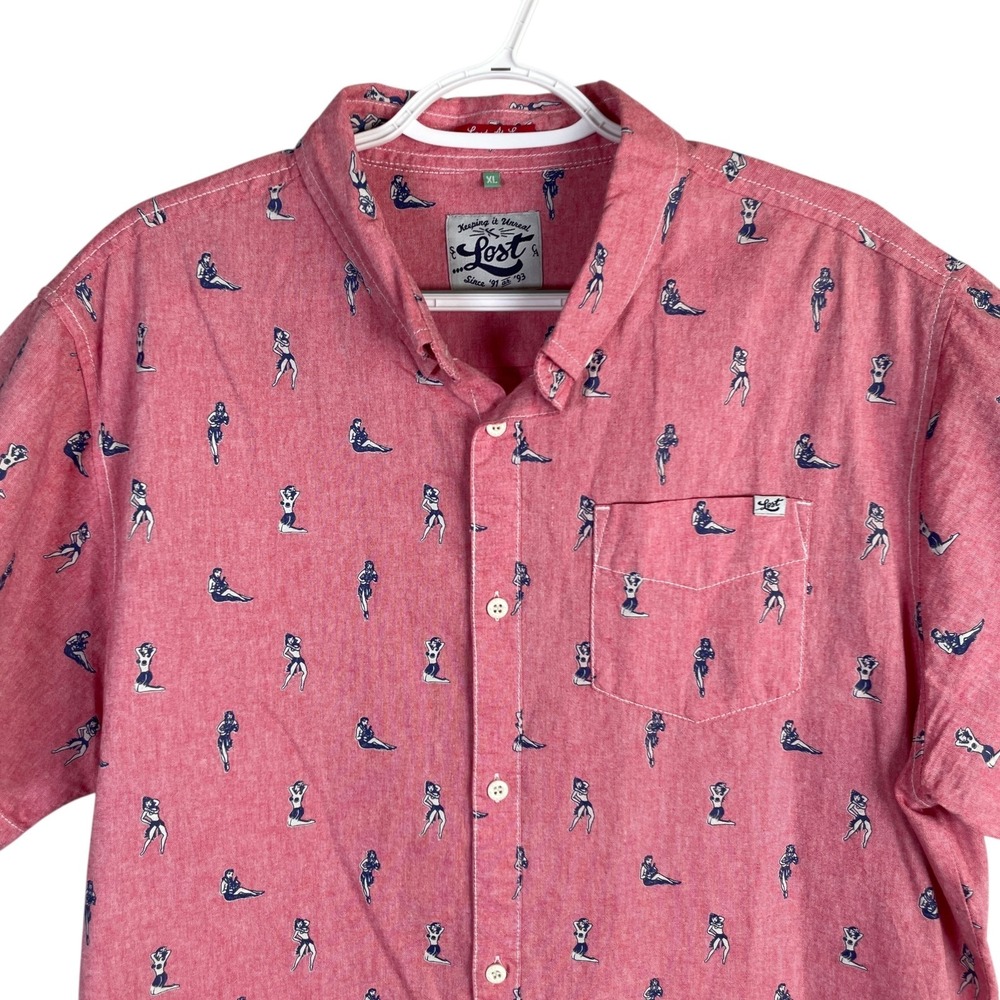 Lost At Sea Shirt Button Down Mens L Red Hula Girl‎ All Over Print S/S Oxford
